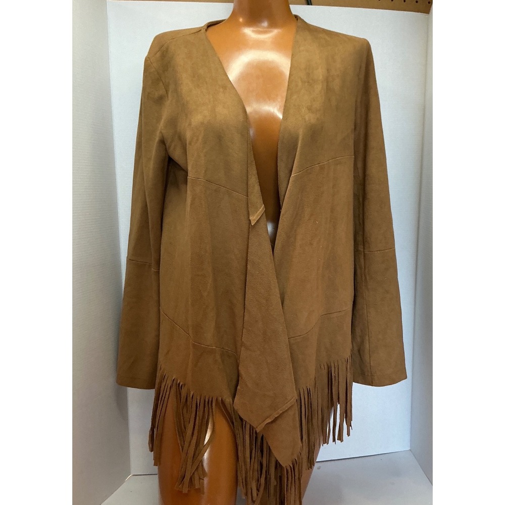 Renee C. Faux Suede Fringe‎ Open Front Cardigan Jacket Brown Boho Western Large